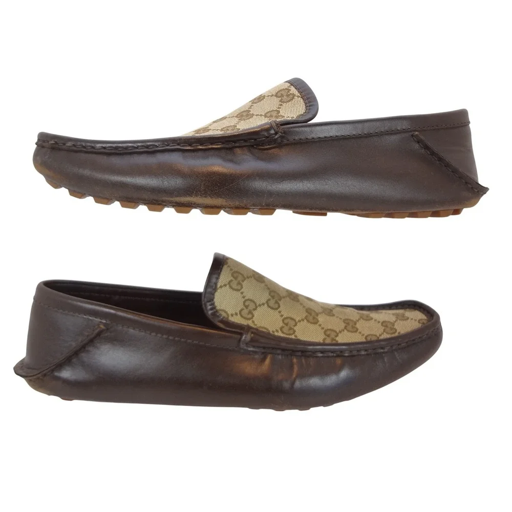 Gucci Driving Loafers Mens 12 Brown Good GG Supreme Canvas Leather Slip On COA